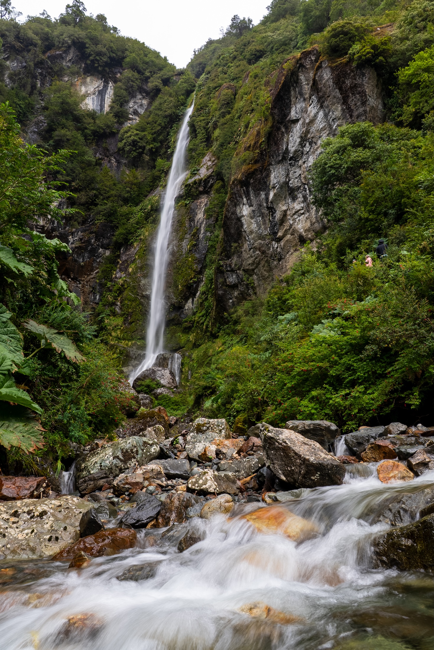 A waterfall in the distance cascades between rocks towards a stream in the foreground