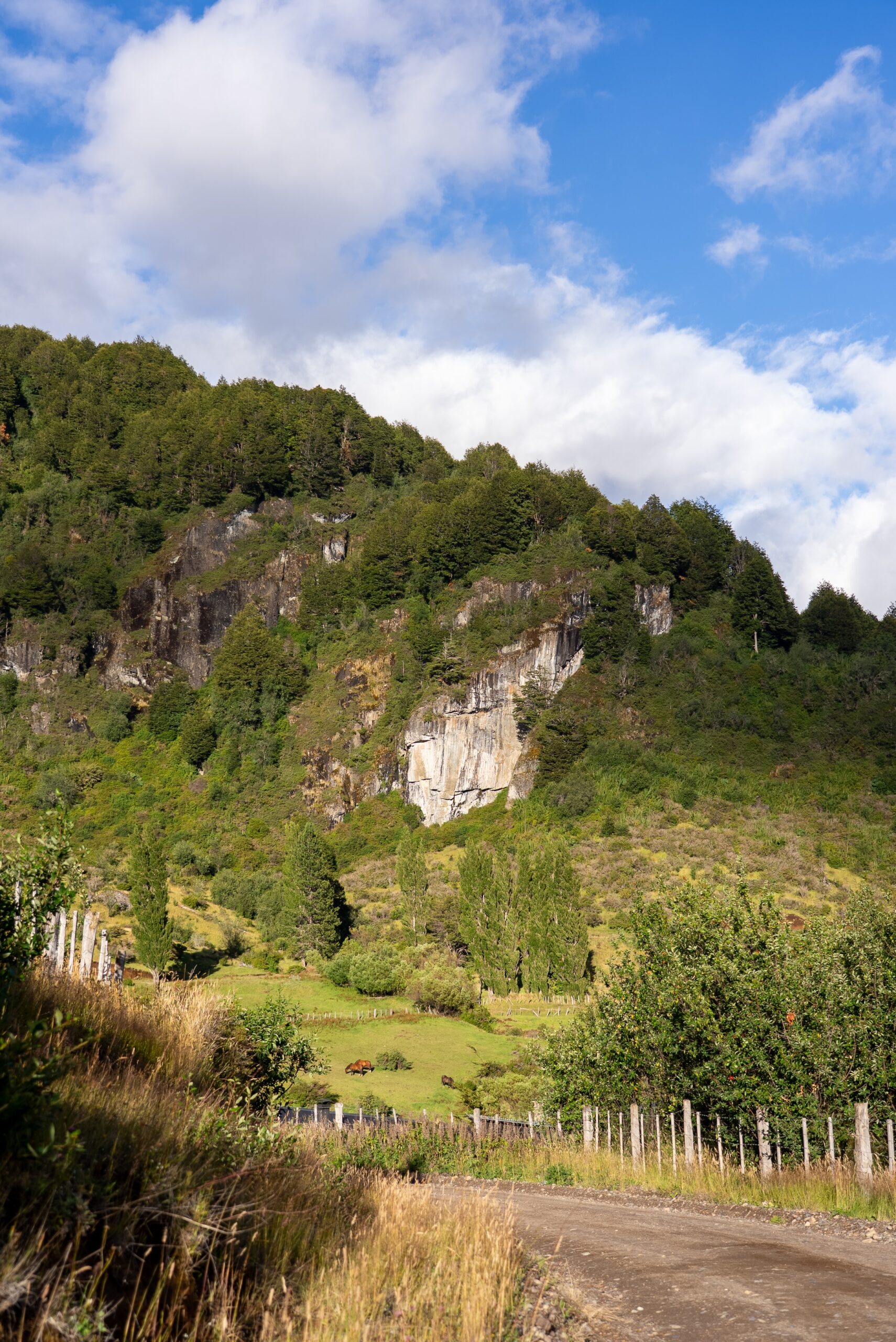 A rural backroad below a wooded mountain on a clear blue day